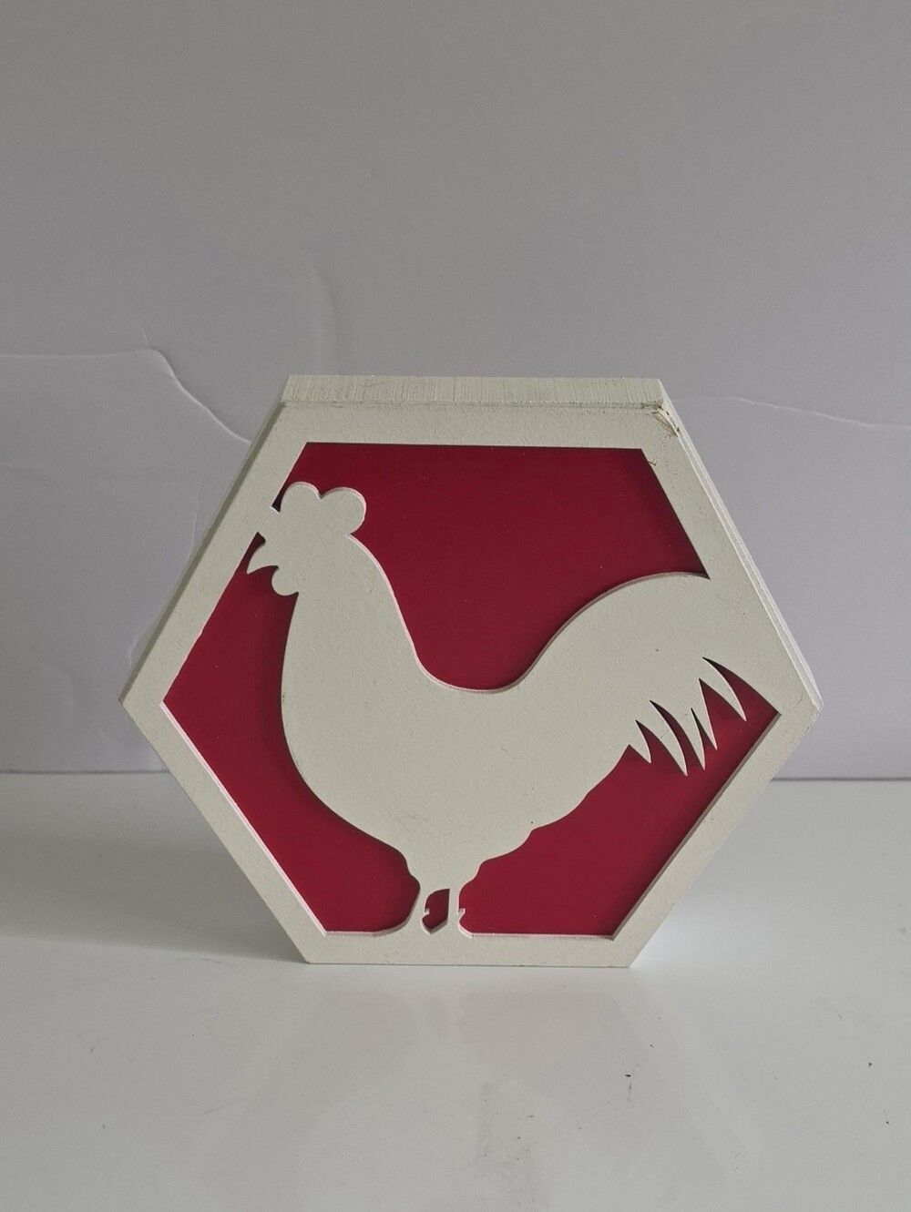 White Rooster Hexagon Wall Art with Red Backing